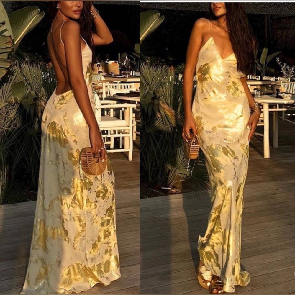Commense Metallic Print V-Neck Backless Slip Long
